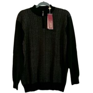 Gold Metal 100% Mercerized Wool 1/4 Zip Sweater Geometric Stripe Business Casual